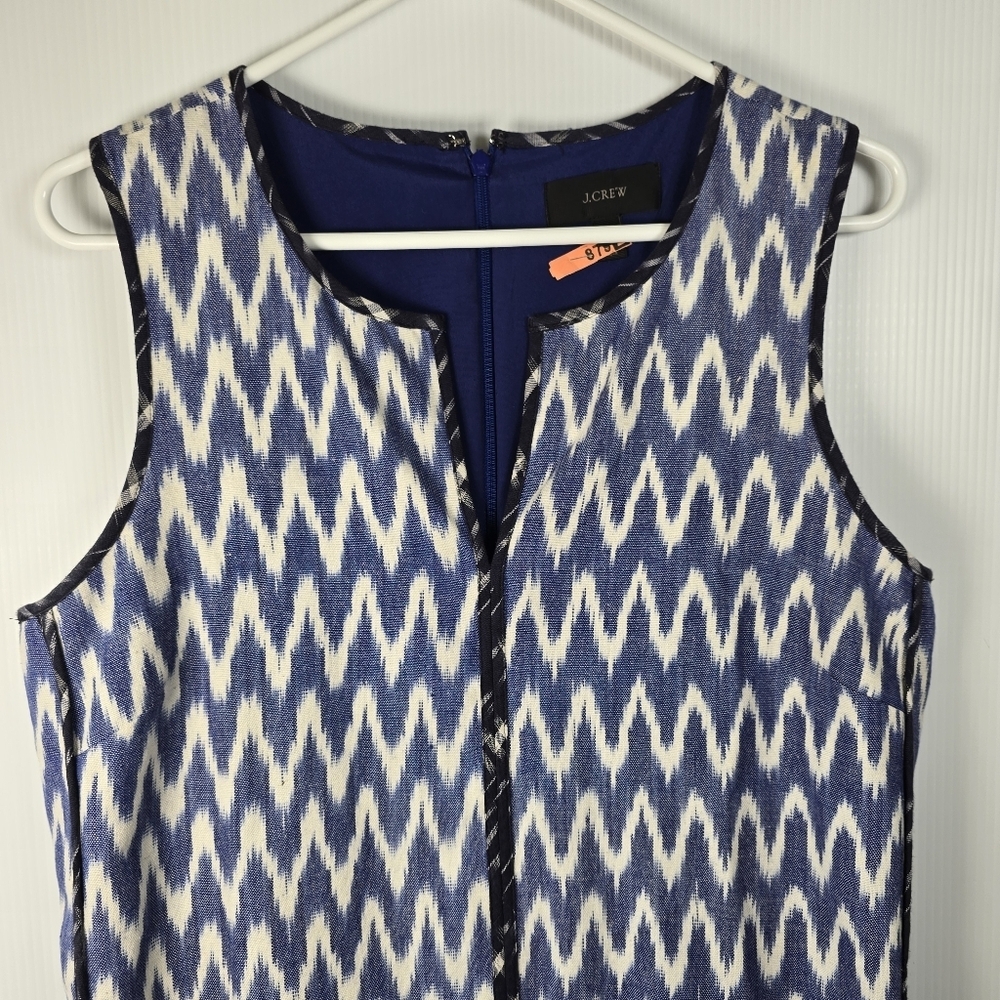 J. Crew Women's Sleeveless Shift Dress  Blue And White Ikat V-Neckline Size 10 - Picture 4 of 15